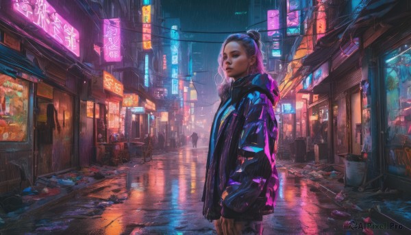 1girl, solo, looking at viewer, black hair, standing, jacket, outdoors, solo focus, hood, hair bun, night, single hair bun, building, scenery, rain, city, sign, realistic, road, street, cyberpunk, graffiti, alley, neon lights