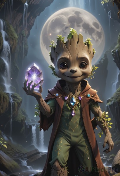 solo,looking at viewer,smile,1boy,animal ears,brown eyes,jewelry,standing,male focus,outdoors,water,cape,night,leaf,moon,plant,gem,furry,full moon,crystal,rock,furry male,vines,waterfall,open mouth,sky,teeth,artist name,black eyes,star (sky),night sky,starry sky,fantasy