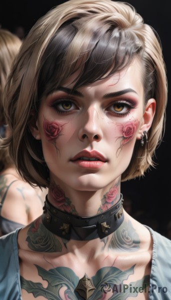 1girl,solo,looking at viewer,short hair,bangs,blonde hair,brown hair,black hair,brown eyes,jewelry,collarbone,flower,multicolored hair,earrings,parted lips,choker,collar,two-tone hair,lips,eyelashes,tattoo,makeup,rose,piercing,lipstick,black background,ear piercing,portrait,eyeshadow,reflection,realistic,nose,red lips,eyeliner,facial tattoo,mascara,neck tattoo,flower tattoo,multiple girls,simple background,shirt,2girls,teeth,solo focus,black collar,chest tattoo