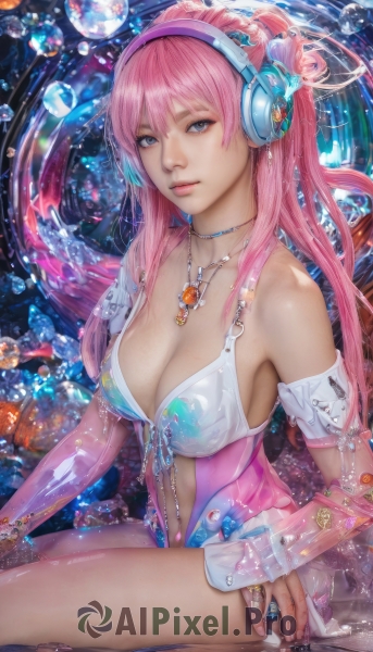 1girl,solo,long hair,breasts,looking at viewer,bangs,blue eyes,large breasts,navel,cleavage,bare shoulders,jewelry,medium breasts,sitting,collarbone,pink hair,hairband,parted lips,detached sleeves,choker,shiny,artist name,water,necklace,nail polish,leotard,lips,see-through,shiny skin,headphones,watermark,web address,pendant,bubble,water drop,realistic,nose,navel cutout,closed mouth,swimsuit,bikini,ring,armlet