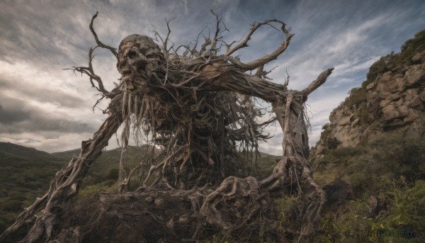 weapon,outdoors,sky,day,cloud,tree,no humans,cloudy sky,grass,nature,scenery,forest,skull,monster,mountain,skeleton,bone,landscape,plant,fantasy,ruins,vines,thorns,moss,overgrown