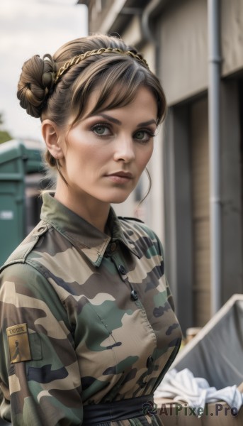 1girl,solo,breasts,looking at viewer,short hair,brown hair,jewelry,closed mouth,green eyes,upper body,braid,earrings,outdoors,day,hair bun,blurry,uniform,lips,grey eyes,military,double bun,military uniform,blurry background,single hair bun,freckles,realistic,camouflage,camouflage jacket,bangs,shirt,parted lips,collared shirt,nose