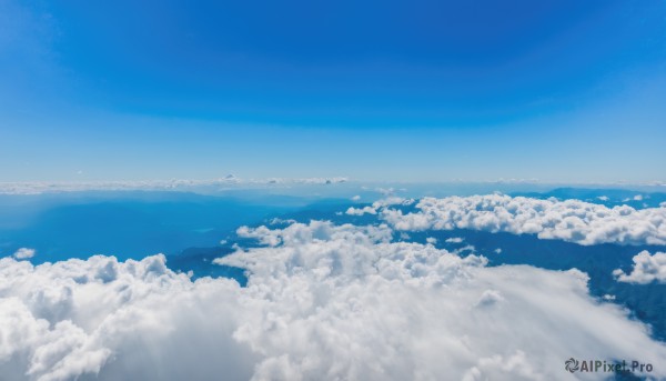 monochrome,outdoors,sky,day,cloud,blue sky,no humans,ocean,cloudy sky,scenery,blue theme,horizon,landscape,above clouds,water