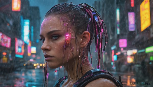 1girl, solo, long hair, looking at viewer, blue eyes, black hair, closed mouth, upper body, outdoors, dark skin, blurry, from side, dark-skinned female, lips, wet, night, blurry background, portrait, science fiction, rain, realistic, nose, wet hair, cyberpunk, neon lights