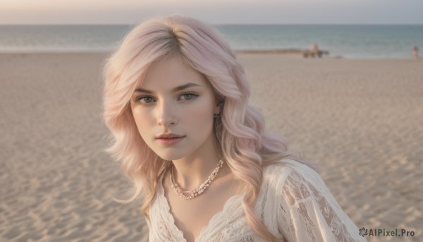 1girl,solo,long hair,looking at viewer,smile,blonde hair,dress,jewelry,closed mouth,upper body,earrings,outdoors,solo focus,day,necklace,white dress,blurry,lips,grey eyes,depth of field,blurry background,ocean,wavy hair,beach,portrait,freckles,realistic,nose,sand,pearl necklace,blue eyes,sky,makeup