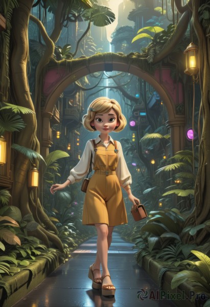 1girl,solo,looking at viewer,short hair,bangs,blonde hair,brown hair,shirt,hair ornament,long sleeves,dress,holding,brown eyes,standing,full body,white shirt,outdoors,parted lips,teeth,belt,water,bag,nail polish,black eyes,tree,lips,makeup,leaf,brown footwear,sandals,sunlight,plant,lipstick,nature,scenery,reflection,walking,toenails,lantern,handbag,shoulder bag,stairs,toenail polish,red lips,pinafore dress,pavement,smile,skirt,hairclip,collared shirt,artist name,forest,freckles,pouch,overalls