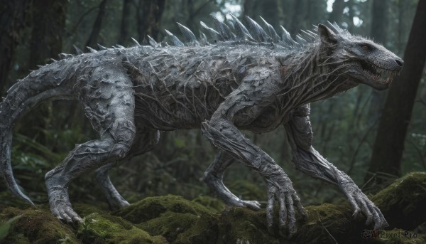 solo,open mouth,red eyes,tail,outdoors,teeth,blurry,tree,no humans,sharp teeth,nature,claws,spikes,forest,monster,scales,dinosaur,rock,realistic,kaijuu