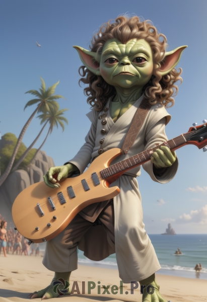 looking at viewer,brown hair,1boy,brown eyes,male focus,outdoors,multiple boys,sky,barefoot,solo focus,day,pointy ears,water,tree,blue sky,colored skin,ocean,beach,instrument,child,curly hair,sand,palm tree,music,guitar,male child,green skin,playing instrument,holding instrument,electric guitar,orc,plectrum,goblin,solo,long hair,blush,long sleeves,holding,closed mouth,standing,full body,pants,medium hair,black eyes,buttons,bird,claws,robe,rock,crowd,monster boy,kappa