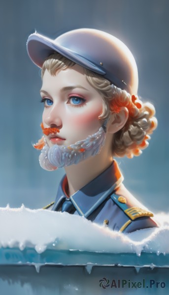 1girl,solo,looking at viewer,blush,short hair,blue eyes,blonde hair,shirt,hat,upper body,necktie,collared shirt,water,uniform,lips,military,eyelashes,military uniform,makeup,helmet,blue shirt,portrait,black necktie,snow,freckles,fish,realistic,nose,red lips,police,police uniform,goldfish,hair ornament,flower,hair flower,fur trim,lipstick,eyeshadow,epaulettes