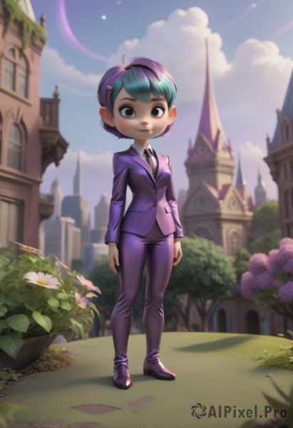 1girl,solo,breasts,looking at viewer,smile,short hair,bangs,shirt,hair ornament,long sleeves,hat,closed mouth,standing,jacket,full body,white shirt,purple hair,flower,multicolored hair,outdoors,necktie,sky,shoes,day,hairclip,collared shirt,pants,cloud,black footwear,blurry,black eyes,two-tone hair,tree,blue sky,formal,suit,grass,plant,building,child,black necktie,lens flare,clock,potted plant,purple jacket,purple footwear,tower,blue eyes,blue hair,green hair,artist name,high heels,aqua hair,blurry background,bush,castle