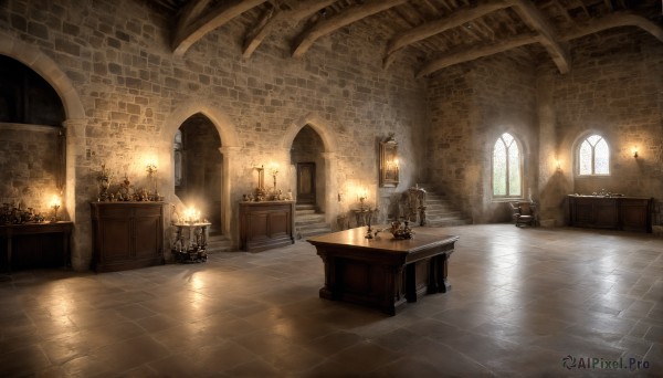 HQ,indoors,no humans,window,chair,table,sunlight,fire,scenery,light rays,wooden floor,stairs,door,light,lamp,candle,church,candlestand,chandelier,fireplace,tile floor,statue