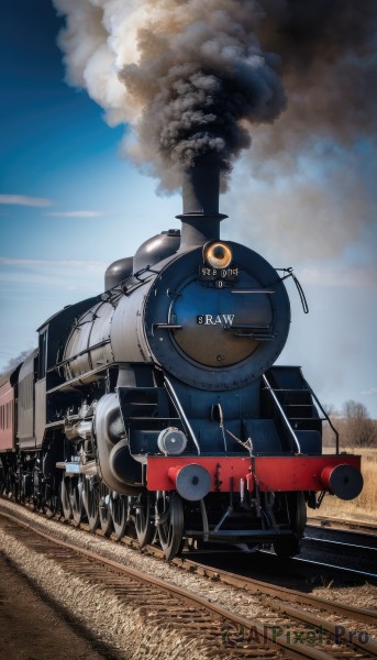 outdoors,multiple boys,sky,day,cloud,blue sky,military,no humans,ground vehicle,motor vehicle,smoke,realistic,aircraft,military vehicle,airplane,tank,vehicle focus,damaged,caterpillar tracks,railroad tracks,war,weapon,tree,grass,turret,cannon,machine gun,train,world war ii,wheel