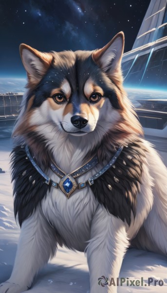 solo,looking at viewer,brown eyes,jewelry,outdoors,sky,necklace,no humans,night,animal,gem,star (sky),night sky,snow,starry sky,dog,realistic,space,animal focus,planet,blue gemstone