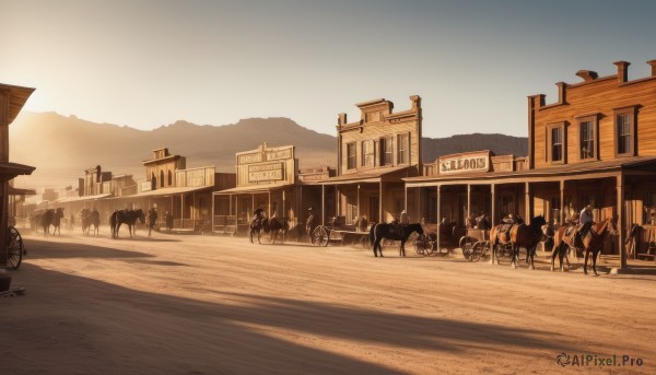 outdoors,sky,day,no humans,animal,ground vehicle,building,scenery,motor vehicle,mountain,road,riding,house,horse,street,desert,horseback riding,town,blue sky,window,shadow,sunlight,6+boys,sunset,city,sign,sepia,lamppost,bicycle,evening,people,storefront