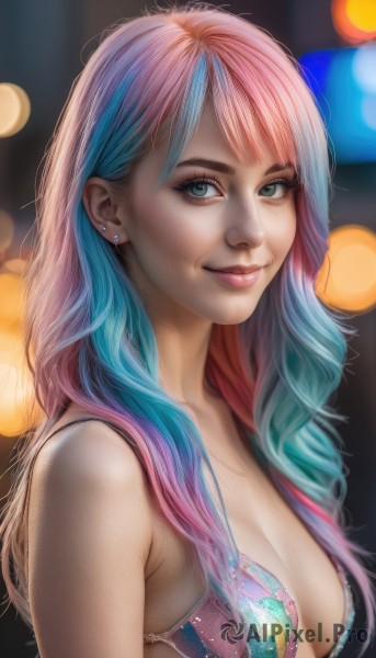 1girl,solo,long hair,breasts,looking at viewer,smile,bangs,blue eyes,cleavage,bare shoulders,jewelry,medium breasts,closed mouth,blue hair,swimsuit,upper body,pink hair,bikini,multicolored hair,earrings,blurry,from side,two-tone hair,aqua eyes,lips,eyelashes,gradient hair,makeup,depth of field,blurry background,watermark,piercing,web address,multicolored clothes,freckles,realistic,nose,stud earrings,bokeh,artist name,bra,aqua hair,light smile,bikini top only,eyeshadow,pink lips,mascara