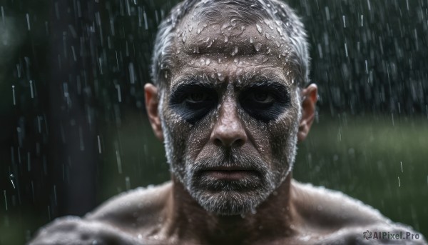 solo,looking at viewer,1boy,closed mouth,collarbone,white hair,male focus,blurry,black eyes,wet,facial hair,portrait,beard,rain,water drop,realistic,wet hair,manly,old,old man,grey hair,blurry background,close-up