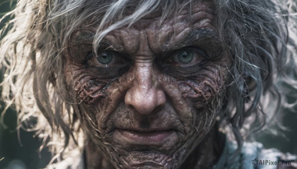 1girl,solo,looking at viewer,short hair,blue eyes,1boy,green eyes,white hair,grey hair,male focus,parted lips,teeth,signature,blurry,lips,eyelashes,blurry background,messy hair,portrait,close-up,realistic,old,wrinkled skin,bangs,grey eyes,heterochromia,scar,veins