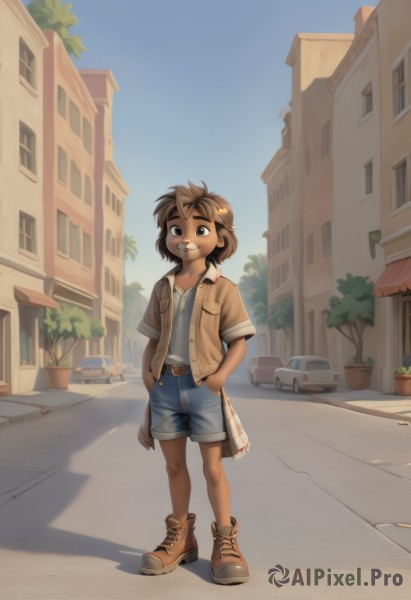 1girl,solo,looking at viewer,smile,short hair,brown hair,shirt,hair ornament,brown eyes,standing,jacket,full body,short sleeves,boots,outdoors,open clothes,sky,shoes,shorts,teeth,day,hairclip,belt,dark skin,black eyes,dark-skinned female,tree,shadow,brown footwear,plant,denim,ground vehicle,building,child,motor vehicle,blue shorts,denim shorts,pocket,hand in pocket,city,hands in pockets,female child,car,potted plant,road,street,tomboy,very dark skin,bangs,1boy,collarbone,white shirt,male focus,food,artist name,grin,flat chest,open jacket,blue sky,short shorts,window,buttons,leaf,watermark,mouth hold,sneakers,candy,bandaid,grey shirt,buckle,cross-laced footwear,freckles,belt buckle,bandaid on face,shirt tucked in,food-themed hair ornament,food in mouth,house,town