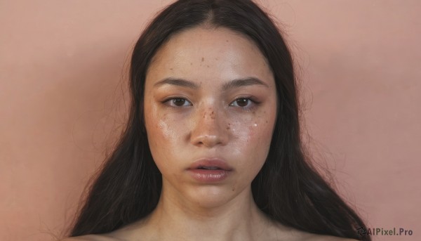 1girl,solo,long hair,looking at viewer,simple background,brown hair,black hair,brown eyes,parted lips,mole,lips,portrait,freckles,realistic,teeth,blood,pink background,forehead,brown background,blood on face