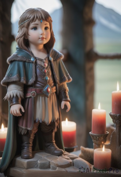 1girl,solo,short hair,blue eyes,brown hair,long sleeves,jewelry,standing,full body,boots,outdoors,day,belt,artist name,necklace,cape,blurry,lips,book,fur trim,capelet,depth of field,blurry background,knee boots,gem,child,snow,pendant,circlet,rock,fantasy,arms at sides,female child,candle,looking afar,candlelight,long hair,fire,aged down,realistic