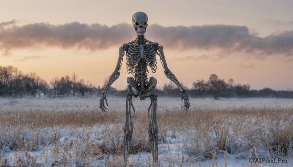 solo,looking at viewer,standing,outdoors,sky,cloud,tree,no humans,cloudy sky,robot,nature,scenery,snow,forest,skull,ribs,skeleton,bone,horror (theme),grass,science fiction,field,overcast