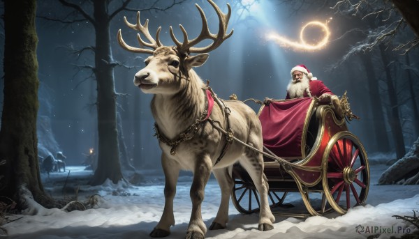 HQ,1boy,hat,male focus,outdoors,sky,signature,tree,bell,night,facial hair,chain,animal,nature,christmas,scenery,beard,snow,santa hat,forest,santa costume,snowing,mustache,riding,antlers,old,old man,bare tree,deer,wheelchair,reindeer,reins,saddle,solo,cape,fur trim,moon,night sky,reindeer antlers