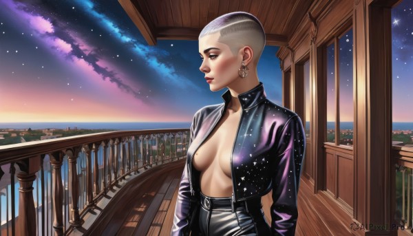 1girl,solo,breasts,short hair,blue eyes,jewelry,medium breasts,jacket,grey hair,earrings,outdoors,open clothes,sky,star (symbol),mole,open jacket,lips,black jacket,no bra,profile,makeup,night,looking away,star (sky),night sky,breasts apart,starry sky,nose,railing,very short hair,leather,leather jacket,leather pants,white hair,water,ocean,eyeshadow,mole on breast,undercut,buzz cut