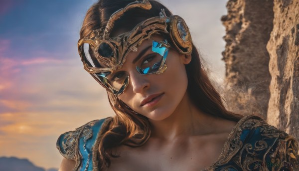 1girl,solo,long hair,looking at viewer,brown hair,brown eyes,closed mouth,collarbone,upper body,outdoors,sky,cloud,dark skin,armor,mole,blurry,dark-skinned female,lips,makeup,blurry background,headgear,lipstick,portrait,eyeshadow,realistic,headpiece,nose,mole on cheek,black hair,dress,parted lips,head tilt,blue dress,cloudy sky