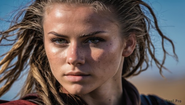 1girl,solo,long hair,looking at viewer,blonde hair,brown hair,brown eyes,closed mouth,outdoors,sky,day,mole,blurry,blue sky,lips,floating hair,depth of field,blurry background,wind,messy hair,portrait,forehead,freckles,realistic,nose,tree,eyelashes,close-up,dirty,dirty face