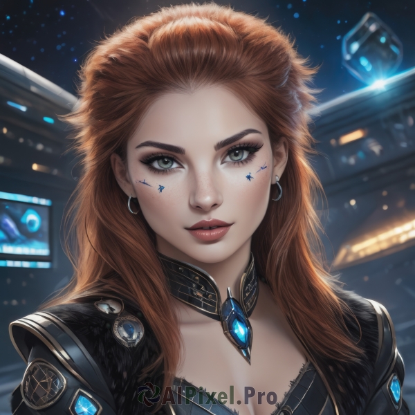 1girl,solo,long hair,breasts,looking at viewer,brown hair,cleavage,jewelry,medium breasts,green eyes,upper body,earrings,outdoors,parted lips,choker,artist name,orange hair,armor,blurry,lips,grey eyes,eyelashes,tattoo,makeup,night,blurry background,watermark,facial mark,lipstick,gem,portrait,web address,forehead,eyeshadow,freckles,hoop earrings,realistic,nose,red lips,eyeliner,mascara,large breasts,jacket,star (symbol)