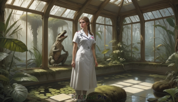 1girl,solo,long hair,breasts,looking at viewer,brown hair,dress,medium breasts,sitting,closed mouth,standing,braid,short sleeves,indoors,water,white dress,tree,window,single braid,animal,sunlight,plant,nature,scenery,reflection,dog,long dress,arms at sides,uniform,twin braids,leaf,looking away,realistic,nurse,lily pad