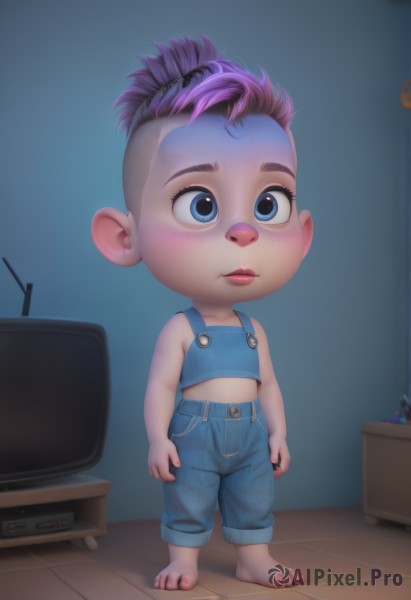 1girl,solo,blush,short hair,blue eyes,closed mouth,standing,full body,ponytail,pink hair,purple hair,multicolored hair,barefoot,sleeveless,midriff,pants,indoors,lips,makeup,denim,child,female child,overalls,male child,television,topknot,navel,artist name,chibi,feet,crop top,toes,aged down,freckles,jeans,nose,mohawk