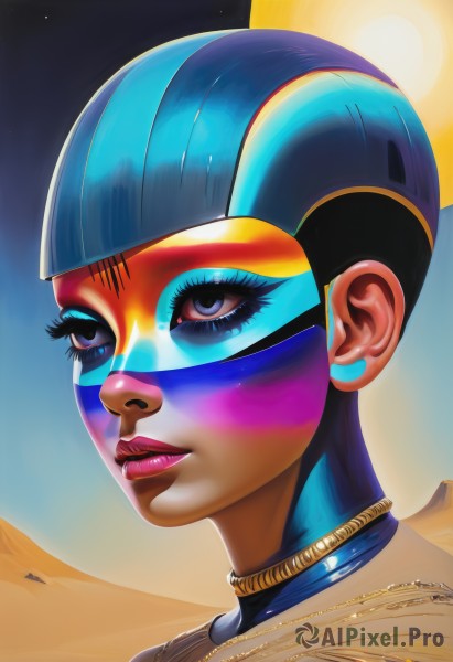 1girl,solo,blue eyes,jewelry,parted lips,sky,shiny,artist name,signature,dark skin,necklace,dark-skinned female,lips,eyelashes,makeup,mask,moon,helmet,lipstick,portrait,star (sky),eyeshadow,realistic,nose,red lips,eyeliner,mascara,desert,short hair,bangs,blue hair,blunt bangs