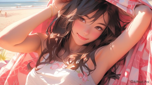 1girl,solo,long hair,looking at viewer,blush,smile,bangs,brown hair,black hair,dress,bare shoulders,brown eyes,jewelry,closed mouth,upper body,outdoors,lying,sleeveless,solo focus,day,on back,armpits,water,arms up,bracelet,lips,ocean,beach,floral print,sunlight,sand,blanket,shade,breasts,shirt,hair between eyes,swimsuit,white shirt,bikini,sky,blue sky,looking to the side,shadow