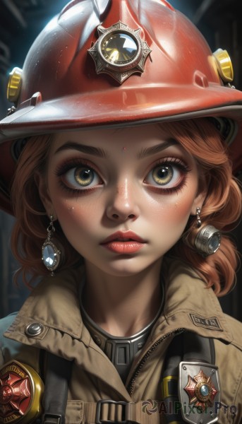 1girl,solo,looking at viewer,short hair,brown hair,brown eyes,jewelry,closed mouth,jacket,yellow eyes,upper body,earrings,medium hair,blurry,lips,eyelashes,makeup,blurry background,piercing,helmet,lipstick,portrait,zipper,freckles,realistic,nose,red lips,badge,blush,shirt,hat,green eyes,parted lips,artist name,black shirt,red headwear,brown jacket,emblem,dirty,dirty face