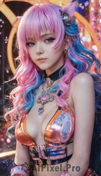 1girl,solo,long hair,breasts,looking at viewer,bangs,blue eyes,hair ornament,navel,animal ears,cleavage,bare shoulders,jewelry,medium breasts,closed mouth,blue hair,upper body,pink hair,multicolored hair,earrings,choker,midriff,shiny,belt,cat ears,necklace,blurry,two-tone hair,lips,gradient hair,makeup,blurry background,wavy hair,piercing,gem,breasts apart,realistic,gloves,artist name,eyelashes,watermark,feathers,feather hair ornament,miqo'te