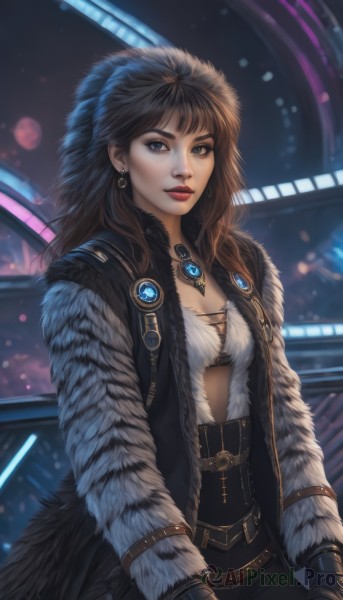 1girl,solo,long hair,breasts,looking at viewer,bangs,blue eyes,brown hair,gloves,long sleeves,cleavage,jewelry,medium breasts,underwear,jacket,cowboy shot,earrings,open clothes,black gloves,belt,pants,hood,fingerless gloves,necklace,bra,blurry,lips,coat,fur trim,makeup,night,black pants,lipstick,brooch,gem,corset,buckle,realistic,nose,red lips,leather,fur coat,black hair,small breasts,artist name,signature,pendant,fur