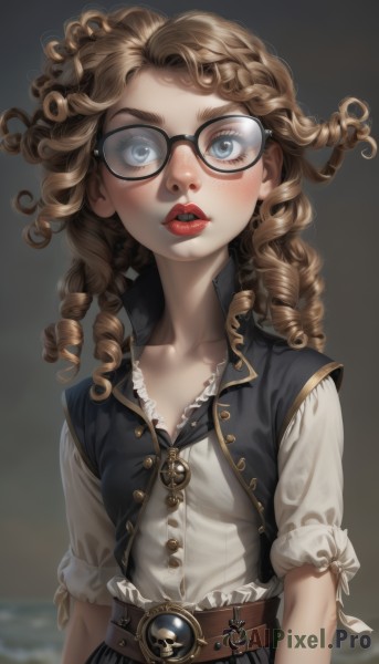 1girl,solo,long hair,breasts,looking at viewer,blush,blue eyes,blonde hair,brown hair,shirt,jewelry,collarbone,white shirt,upper body,braid,short sleeves,small breasts,frills,parted lips,glasses,belt,blurry,vest,lips,eyelashes,makeup,buttons,blurry background,drill hair,lipstick,brooch,blouse,buckle,freckles,black-framed eyewear,curly hair,belt buckle,realistic,nose,round eyewear,arms at sides,red lips,brown belt,frilled shirt,brown-framed eyewear,bangs,skirt,long sleeves,teeth,artist name,black skirt,grey background,necklace,flat chest,watermark,web address,forehead,backlighting,black vest,crown braid,mascara