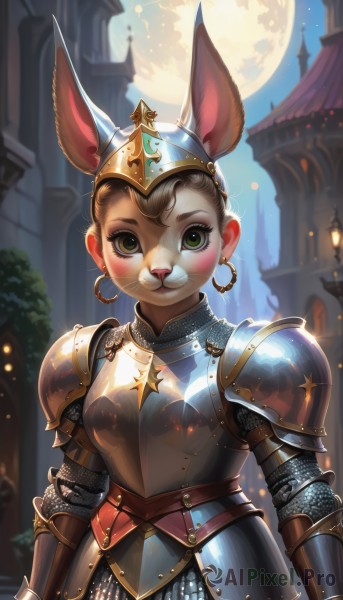 1girl,solo,looking at viewer,blush,smile,short hair,brown hair,animal ears,jewelry,green eyes,standing,cowboy shot,earrings,outdoors,sky,artist name,star (symbol),armor,rabbit ears,blurry,tree,night,moon,happy,helmet,crown,shoulder armor,gauntlets,night sky,furry,full moon,pauldrons,hoop earrings,breastplate,furry female,arms at sides,armored dress,body fur,faulds,animal nose,castle,full armor,whiskers,snout,chainmail,plate armor,boobplate,brown eyes,white fur