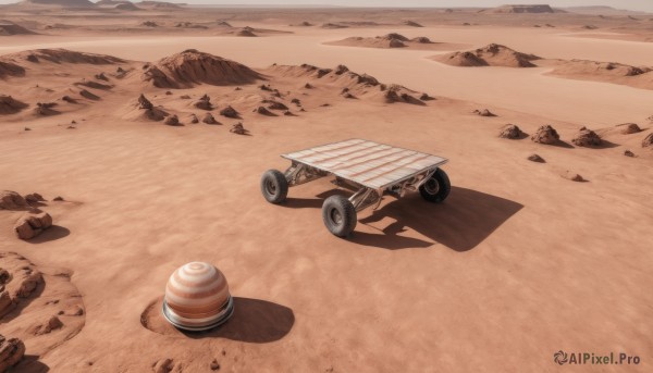 outdoors,sky,day,no humans,shadow,ground vehicle,scenery,motor vehicle,rock,sand,road,desert,wheel,beach,car,brown theme,footprints