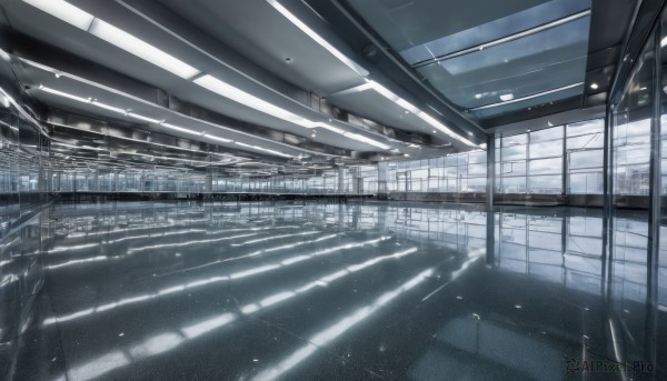 indoors,no humans,window,shadow,sunlight,building,scenery,reflection,city,tiles,tile floor,ceiling,hallway,ceiling light,train station,reflective floor,vanishing point