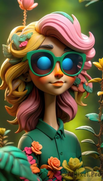 1girl,solo,long hair,looking at viewer,smile,blue eyes,blonde hair,shirt,hair ornament,jewelry,closed mouth,upper body,pink hair,flower,multicolored hair,glasses,collared shirt,artist name,hair flower,medium hair,blurry,two-tone hair,lips,makeup,depth of field,blurry background,rose,leaf,sunglasses,bug,plant,lipstick,butterfly,pink flower,yellow flower,green shirt,tinted eyewear,earrings