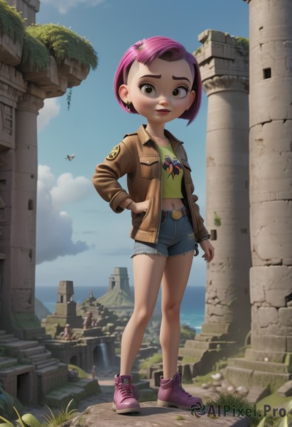 1girl,solo,looking at viewer,smile,short hair,shirt,long sleeves,navel,brown eyes,jewelry,closed mouth,standing,jacket,full body,pink hair,purple hair,heart,multicolored hair,earrings,boots,outdoors,open clothes,sky,shoes,shorts,teeth,solo focus,day,midriff,belt,artist name,cloud,signature,water,two-tone hair,open jacket,tree,blue sky,lips,crop top,hand on hip,short shorts,bare legs,makeup,bird,ocean,piercing,sunglasses,grass,denim,lipstick,building,sneakers,child,forehead,buckle,blue shorts,denim shorts,pocket,hand in pocket,brown jacket,rock,nose,pink footwear,red lips,female child,ankle boots,stud earrings,leather,ruins,purple footwear,cutoffs,badge,pillar,leather jacket,mascara,bomber jacket,cliff,hair ornament,yellow eyes,parted lips,hairclip,watermark,thick eyebrows,web address,yellow shirt,realistic,green shirt