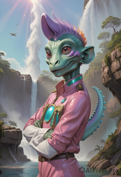 solo,red eyes,1boy,standing,tail,purple hair,male focus,outdoors,sky,teeth,day,pointy ears,belt,cloud,water,tree,blue sky,colored skin,bird,crossed arms,sunlight,sharp teeth,wading,dragon,sun,green skin,waterfall,alien,cliff,lizard tail,lizard,gloves,blue skin