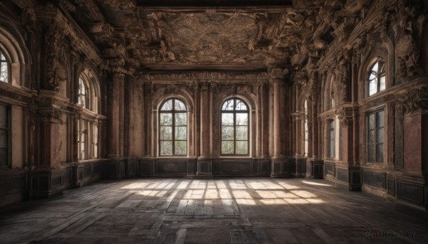 day,indoors,no humans,window,shadow,sunlight,scenery,light rays,stairs,door,architecture,pillar,hallway,church,arch,column,chair,table,wooden floor,fantasy,floor,ceiling