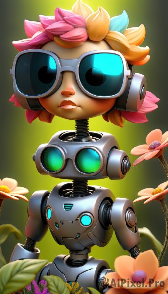 1girl,solo,looking at viewer,short hair,blue eyes,upper body,pink hair,flower,multicolored hair,artist name,two-tone hair,lips,no humans,leaf,plant,robot,goggles,mecha,pink flower,green background,purple flower,android,cable,non-humanoid robot,hair ornament,hair flower,cosplay,glowing,facing viewer,robot joints,lotus,humanoid robot