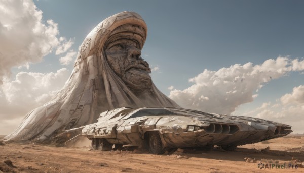 outdoors,sky,day,cloud,signature,blue sky,no humans,cloudy sky,ground vehicle,scenery,motor vehicle,science fiction,realistic,sand,military vehicle,vehicle focus,spacecraft,desert,dust,military,smoke,aircraft,tank,damaged,statue,alien