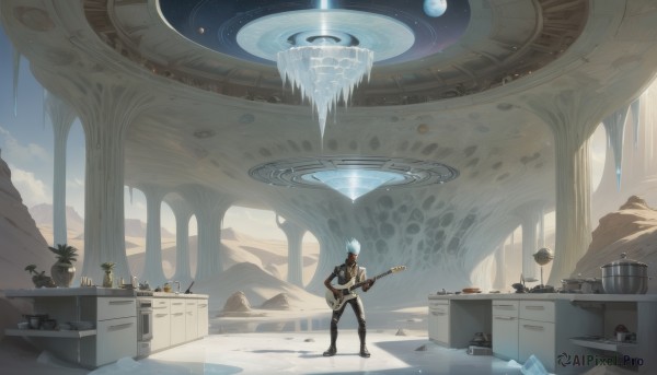 solo,short hair,1boy,holding,standing,white hair,male focus,boots,sky,pants,cloud,indoors,from behind,black footwear,plant,instrument,scenery,bowl,fantasy,music,guitar,facing away,potted plant,wide shot,playing instrument,planet,holding instrument,jar,cactus,weapon,outdoors,day,book,star (sky),science fiction,space,spacecraft,globe