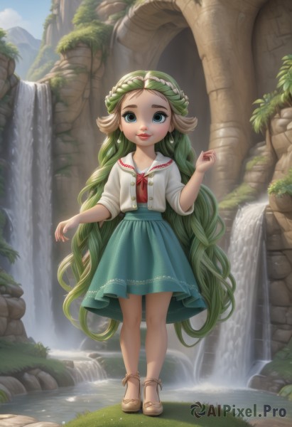 1girl,solo,long hair,looking at viewer,smile,blue eyes,skirt,shirt,ribbon,jewelry,very long hair,standing,full body,white shirt,earrings,outdoors,parted lips,green hair,sky,shoes,day,water,blue sky,blue skirt,watermark,brown footwear,grass,green skirt,rock,waterfall,blonde hair,school uniform,artist name,cloud,hand up,lips,neckerchief,buttons,leaf,sandals,sunlight,looking up,plant,blouse,web address,red neckerchief,curly hair,head wreath,moss