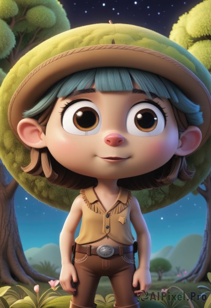 1girl,solo,looking at viewer,blush,smile,short hair,open mouth,bangs,brown hair,shirt,1boy,hat,navel,brown eyes,standing,flower,male focus,boots,outdoors,parted lips,sky,sleeveless,collared shirt,belt,pants,artist name,signature,blunt bangs,star (symbol),tree,sleeveless shirt,night,brown footwear,grass,child,star (sky),nature,night sky,buckle,starry sky,freckles,yellow shirt,belt buckle,female child,brown belt,male child,brown pants,cowboy hat,black hair,chibi,vest,watermark,web address